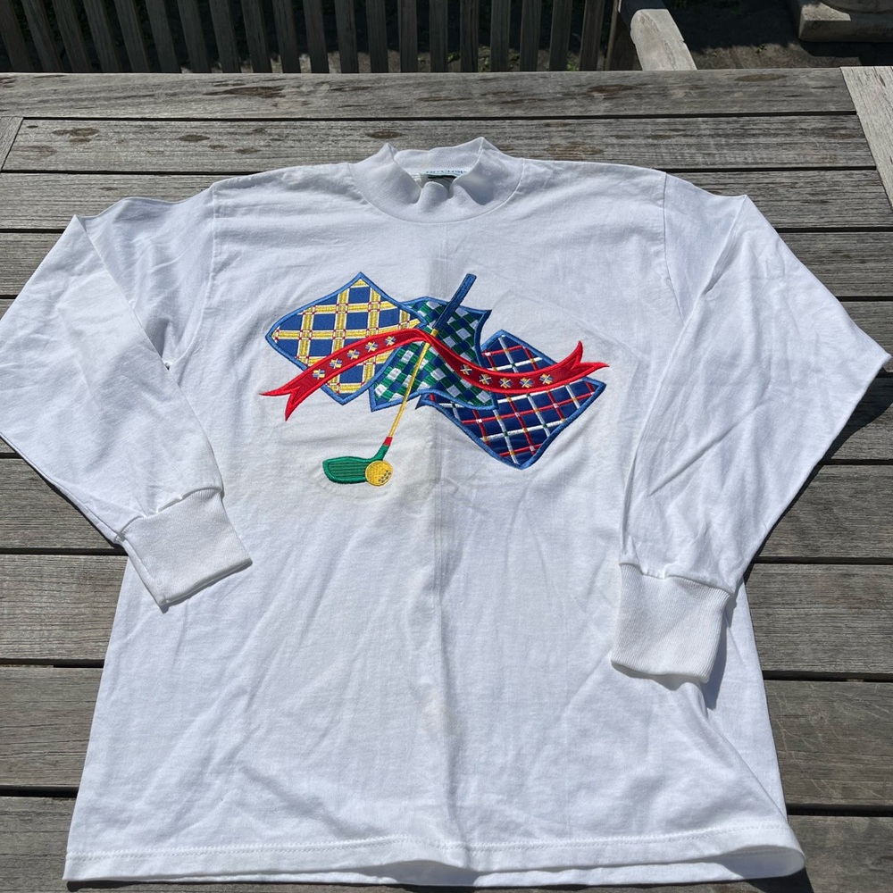 White Long Sleeve Shirt with Colorful Appliquéd Golf Design. NEW. No tags. M.